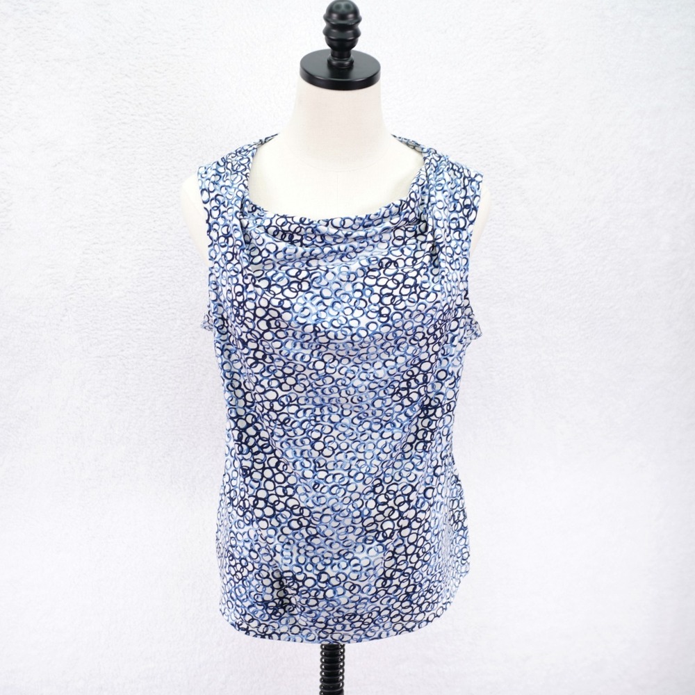 Charter Club Petite PL Cowl Neck Blouse Blue Black White Abstract Leopard Print